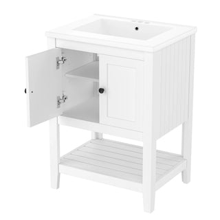 [VIDEO] 24" White Modern Sleek Bathroom Vanity Elegant Ceramic Sink with Solid Wood Frame Open Style Shelf Dweva