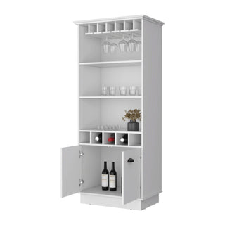 FM FURNITURE Sophia Bar Cabinet with Glassware Rack and Five Bottle Racks, White Dweva