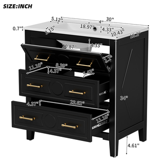 30'' Bathroom Vanity with Ceramic Sink Combo, Free Standing Single Vanity Set with 3 Drawers, Solid Wood Frame Bathroom Storage Cabinet, Black Dweva