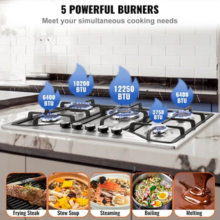 Gas Cooktop 30 inch, Max 12250BTU 5 Burners Built-in Stainless Steel Gas Stove Top, LPG/NG Convertible Dual Fuel Natural Gas Hob with Thermocouple Protection Dweva