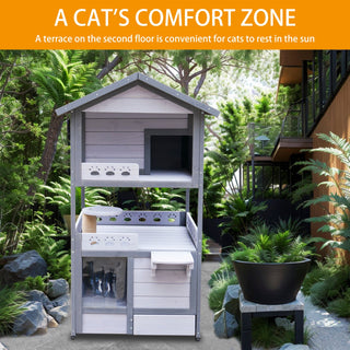 Three Story Outdoor Cat House with Balcony, Large Feral Villa Cat Shelter Weatherproof, 3 Story Outside Cat House for Multiple Cats Dweva