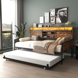 Twin Daybed with Trundle, Farmhouse Daybed Frame with Sliding Barn Door Headboard and Charging Station & LED Light for Bedroom and Guest Room, Rustic Brown Dweva