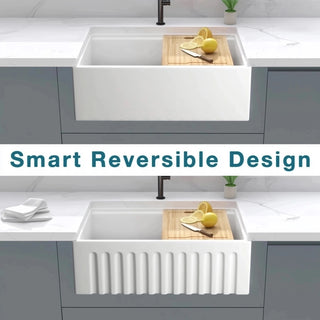 30 Inch Fireclay Farmhouse Sink-30"x 20"White Workstation Reversible Ceramic Farm Apron Front Kitchen Sink, 10 Inch Deep Single Bowl Porcelain Sink with Ledge and Accessories Dweva