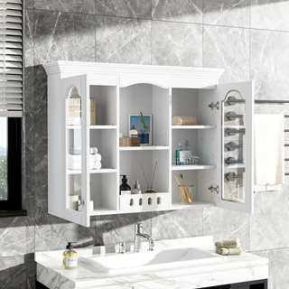 Wall Mounted Medicine Cabinet, Bathroom Wall Cabinet with 2 Glass Doors, Over The Toilet Space Saver Storage Cabinet with Ample Storage, White Dweva
