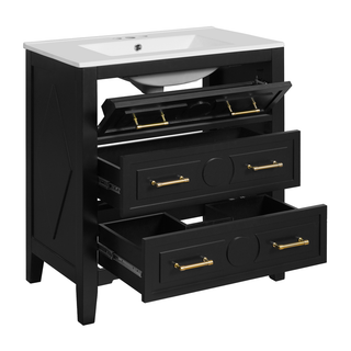 30'' Bathroom Vanity with Ceramic Sink Combo, Free Standing Single Vanity Set with 3 Drawers, Solid Wood Frame Bathroom Storage Cabinet, Black Dweva