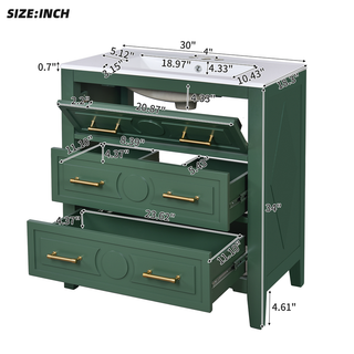 30'' Bathroom Vanity with Ceramic Sink Combo, Free Standing Single Vanity Set with 3 Drawers, Solid Wood Frame Bathroom Storage Cabinet, Green Dweva