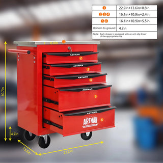 5 Drawers Multifunctional Tool Cart with Wheels,Metal Rolling Tool Cart Storage for Garage Workshop Warehouse Repair Shop--With Stainless Steel Roof--Red&Black Dweva