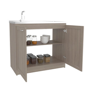 Zurich 39" Wide Utility Sink, Base Cabinet Two-Door Cabinet With Two Shelves, Stainless Steel Sink, Laundry Room, Garage Sink, Light Gray Dweva