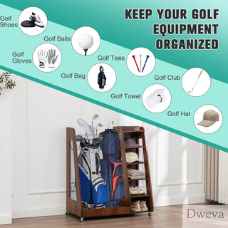 Golf Bag Organizer for Garage, Premium Wooden Golf Clubs Storage Rack Fit 2 Golf Bags, Golf Trunk Organizer for Car Garage Club Shed Basement,Brown Dweva