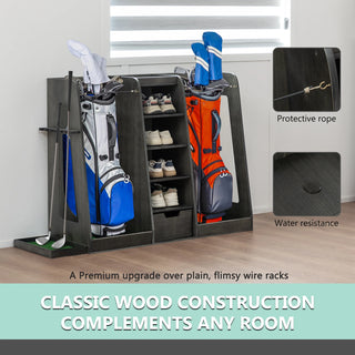 55.5''x16''x37''(LxWxH) Wooden Golf Bag Organizer and Storage Rack, High Quality Wooden 2 Golf Bag Rack with Drawers, Easy to Assemble Golf Club Holder/Stand with Club Holders on Side,Gray Dweva