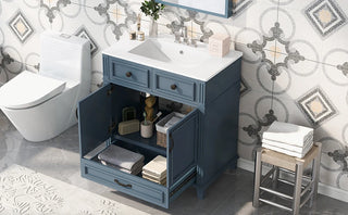 30'' Bathroom Vanity with Ceramic Sink,Solid Wood Frame Bathroom Storage Cabinet with Soft Closing Doors,Retro Style, Blue Dweva