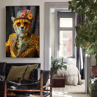 Abstract Art Wall Decor: Stylish Cheetah in Leopard Print Suit with Sunglasses and Hat Featuring Flower - Unique Modern Canvas Painting for Living Room, Bedroom, Office decorative picture Dweva