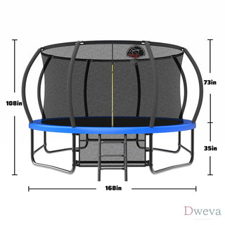 14FT Trampoline with Enclosure - Recreational Trampolines with Ladder and AntiRust Coating, ASTM Approval Outdoor Trampoline for Kids Dweva