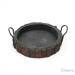Cenecharl Handmade Round Mango Wood Decor & Serving Tray With Metal Handle-Black Dweva