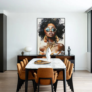 African American Woman Canvas Wall Art Black Girl with Curly Hair Sunglasses Orange Headwrap Earrings and Necklaces Modern Afrocentric Decor for Living Room Bedroom Office decorative picture Dweva