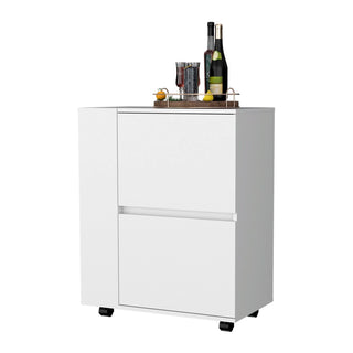 FM FURNITURE Logan Bar Cart with Two Cabinets and Open Shelves, White Dweva