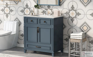 30'' Bathroom Vanity with Ceramic Sink,Solid Wood Frame Bathroom Storage Cabinet with Soft Closing Doors,Retro Style, Blue Dweva