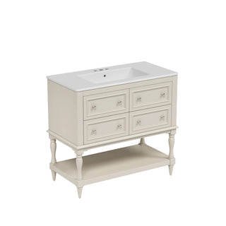36" Bathroom Vanity Cabinet with Sink Combo Set, Undermount Ceramic Sink, Free Standing Vanity Set with 4 Drawers, Solid Wood Frame Bathroom Cabinet, Beige Dweva