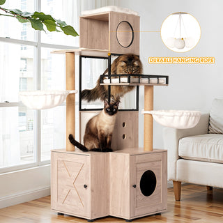63" Multi-Functional Cat Tree with Litter Box - Includes Removable Washable Cushion, Scratching Posts & Toy Hanger, Modern Design, Rustic Gray Dweva
