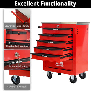 6 Drawers Multifunctional Tool Cart with Wheels,Metal Rolling Tool Cart Storage for Garage Workshop Warehouse Repair Shop--With Stainless Steel Roof- Red&Black Dweva