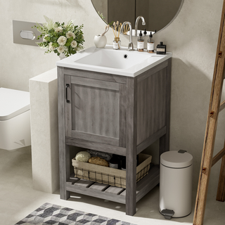 16" Bathroom Vanity Sink Combo for Small Space, Bathroom Sink Cabinet with Rectangular Ceramic Basin, Bathroom Vanities Cabinet with 1 Door and 1 Open Shelf Dweva