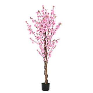 6' Artificial Peach Blossom Tree with Black Plastic Pot Dweva