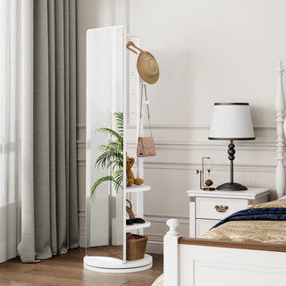 360° Rotating 66"x14" Multifunctional Full Length Mirror with Hook Storage Rack Coat Rack with Mirror Solid Wood Floor Mirror Bedroom Living Room Cloakroom Space Saving (wh Dweva