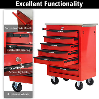 7 Drawers Multifunctional Tool Cart with Wheels,Metal Rolling Tool Cart Storage for Garage Workshop Warehouse Repair Shop--With Stainless Steel Roof- Red&Black Dweva
