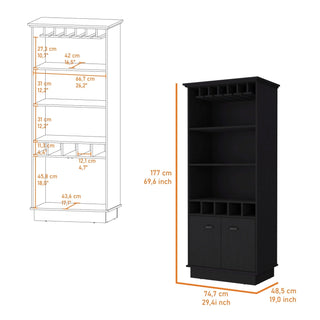 FM FURNITURE Sophia Bar Cabinet with Glassware Rack and Five Bottle Racks, Black Dweva