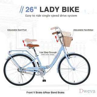26 Inch Single Speed Folding Lady Bike , Durable Steel Frame,Compact Design for Easy Storage and Commuting Dweva