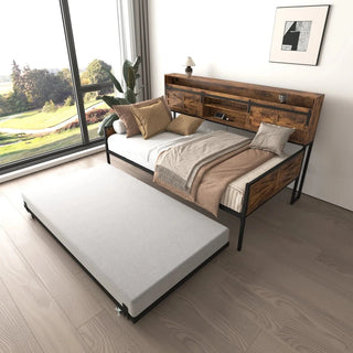 Twin Daybed with Trundle, Farmhouse Daybed Frame with Sliding Barn Door Headboard and Charging Station & LED Light for Bedroom and Guest Room, Rustic Brown Dweva