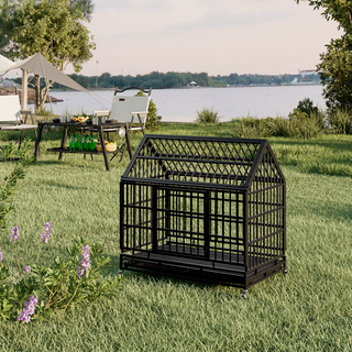 48 Inch Heavy Duty Dog Crate with Wheels, Folding Metal Big Dog Cage for Large and Medium Dogs, Cage with a pointed roof and Removable Tray. Dweva