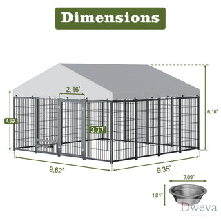 Large Dog Kennel Outdoor Pet Pens Dogs Run Enclosure Animal Hutch Metal Coop Fence with Roof Cover. 9.62'L x 9.35'W x 6.18'H. Dweva