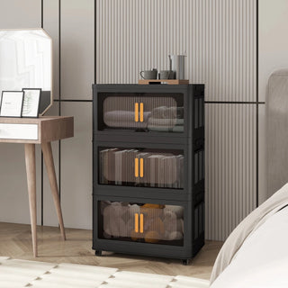 Black, 24" Side Wide Folding Storage Cabinet ,5 Tiers,23.62"×13.78"×59.84",Collapsible Storage Bins with Magnetic Door, Plastic Storage Cabinet with Wheels Dweva