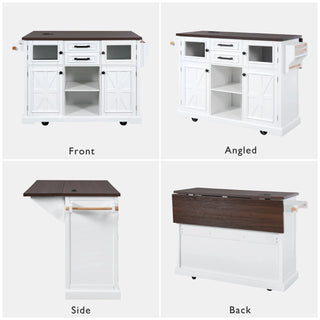 K&K 54.9" Kitchen Island with Drop Leaf, Power Outlet, Kitchen Storage Cart with 4 Door Shelves, Cross Barn Doors & Visual Glass Door, Rolling Kitchen Island on 4 Wheels for Kitchen, Dining Room,White Dweva