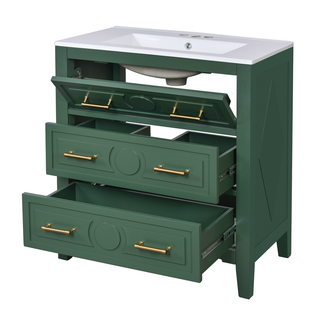 30'' Bathroom Vanity with Ceramic Sink Combo, Free Standing Single Vanity Set with 3 Drawers, Solid Wood Frame Bathroom Storage Cabinet, Green Dweva