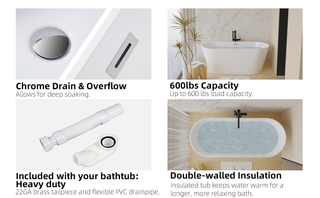 55" Acrylic Freestanding Bathtub, Stand Alone Soaking Tub, Glossy White Acrylic, Toe-tap Chrome Drain, cUPC Certified Dweva