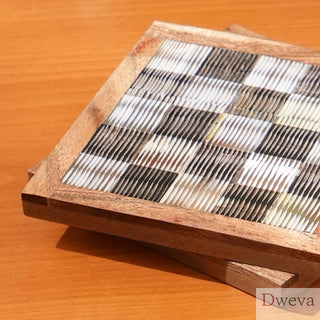 Handmade Set of 2 Chiseled Horn Coasters with Teakwood Edges Dweva