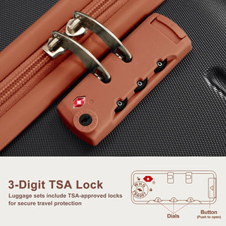 Premium ABS Travel Luggage Set , 3-Piece TSA Lock Suitcase Ensemble with 20, 24, and 28 Inch Sizes with 360° Spinner Wheels, black and brown Dweva