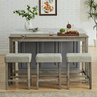 59 Inch Bar Table, Dining Table, Sofa Table with Power Outlet, 3 Upholstered Stools, 4 Piece Bar Table and Chair Set for Living Room, Dining Room, Kitchen Dweva
