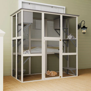 Gray Wooden Outdoor Catio Cat Enclosure with Weatherproof Asphalt Roof, Large Walk-in Cat House with 6 Platforms & 2 Napping Boxes, Solid Wood Cat Cage Kennel Condo Playpen for Patio Dweva