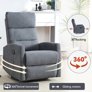 Manual Recliner Chair with Rocker and Swivel in Fabric for Living Room, Grey Dweva