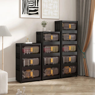 Black, 24" Side Wide Folding Storage Cabinet ,5 Tiers,23.62"×13.78"×59.84",Collapsible Storage Bins with Magnetic Door, Plastic Storage Cabinet with Wheels Dweva