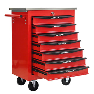 7 Drawers Multifunctional Tool Cart with Wheels,Metal Rolling Tool Cart Storage for Garage Workshop Warehouse Repair Shop--With Stainless Steel Roof- Red&Black Dweva