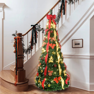 6FT Pop-Up Christmas Tree with 150 Warm White UL Lights – Pre-Decorated with Red & Gold Ornaments, Flowers, Ribbons & Bows – Easy Assembly, Space-Saving Collapsible Holiday Tree Dweva