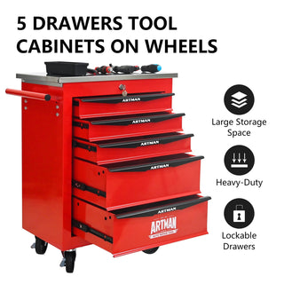 5 Drawers Multifunctional Tool Cart with Wheels,Metal Rolling Tool Cart Storage for Garage Workshop Warehouse Repair Shop--With Stainless Steel Roof--Red&Black Dweva