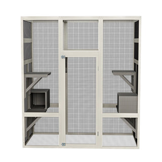 Large Outdoor Gray Wooden Catio – Solid Wood Cat Enclosure with 5 Platforms & 2 Resting Boxes, UV-Resistant & Waterproof Outdoor Cat House Shelter Playpen Dweva