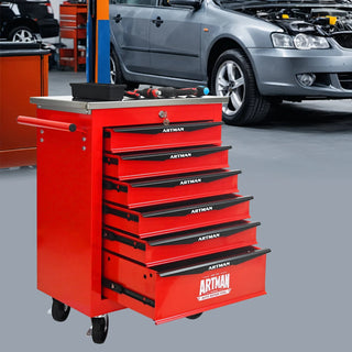 6 Drawers Multifunctional Tool Cart with Wheels,Metal Rolling Tool Cart Storage for Garage Workshop Warehouse Repair Shop--With Stainless Steel Roof- Red&Black Dweva
