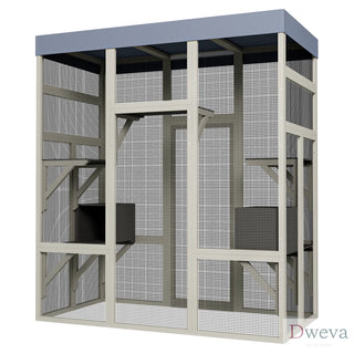 62.6" Outdoor Wooden Catio for Cats, Large Cat Enclosure with Waterproof Roof, 2 Cat Houses & Platforms, Secure Rust-Proof Wire Pet Cage for Patio or Backyard Dweva