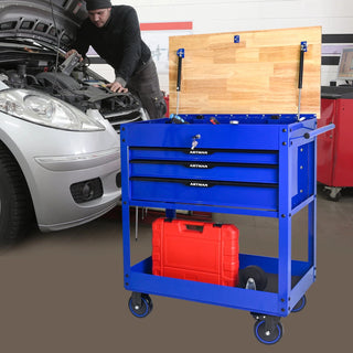 3 DRAWERS MULTIFUNCTIONAL TOOL CART WITH WHEELS AND WOODEN TOP-Blue Dweva